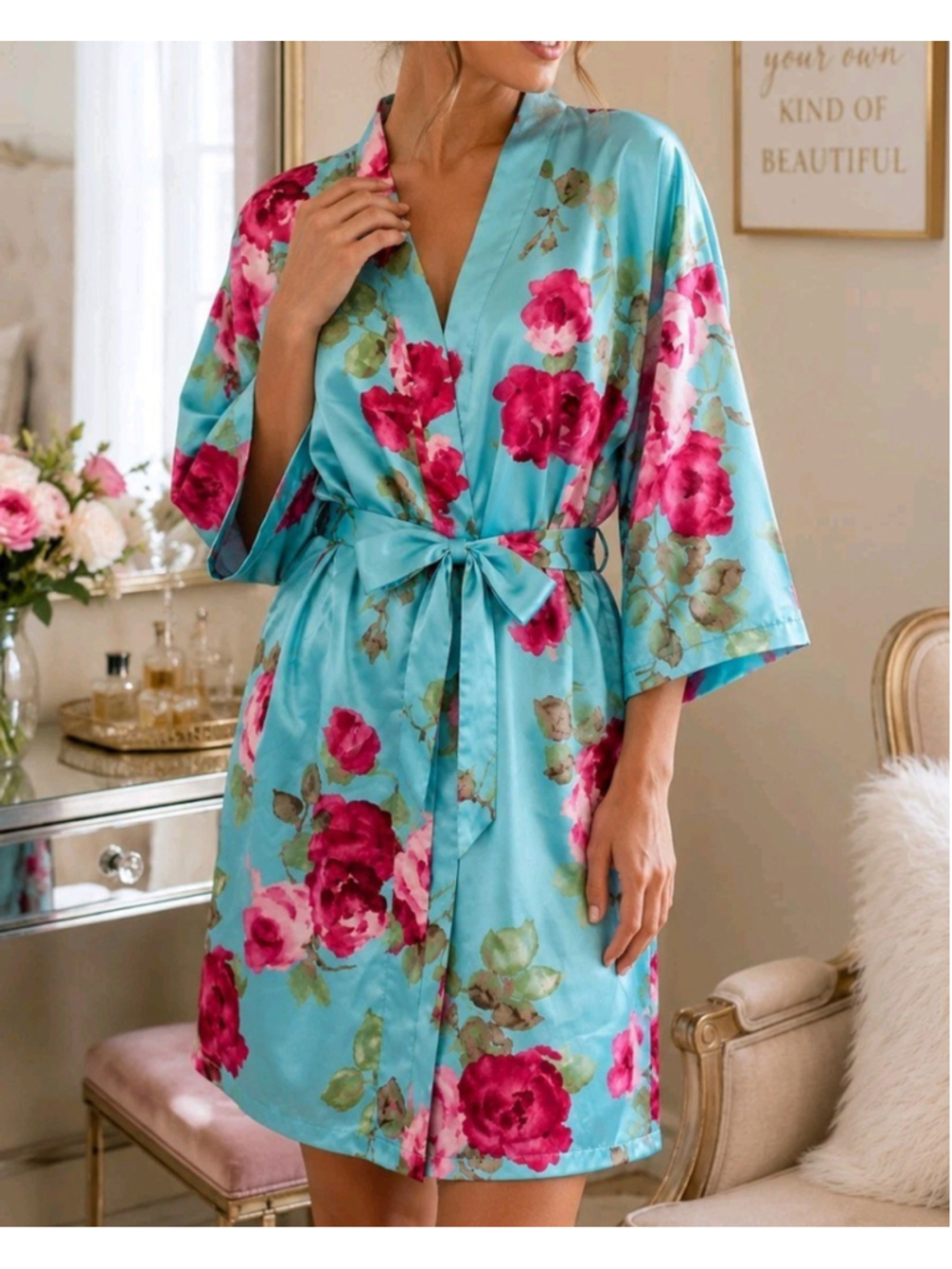 Linea Donatella Floral Satin Kimono Robe Blue Pink Roses Tie Waist Size M NWT